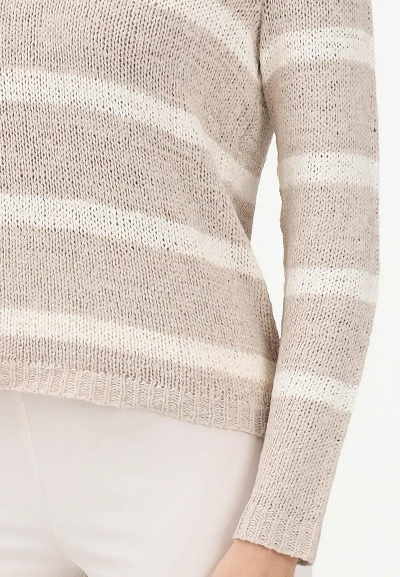 Maglioncino girocollo beige da donna con motivo a righe panna miniatura 3