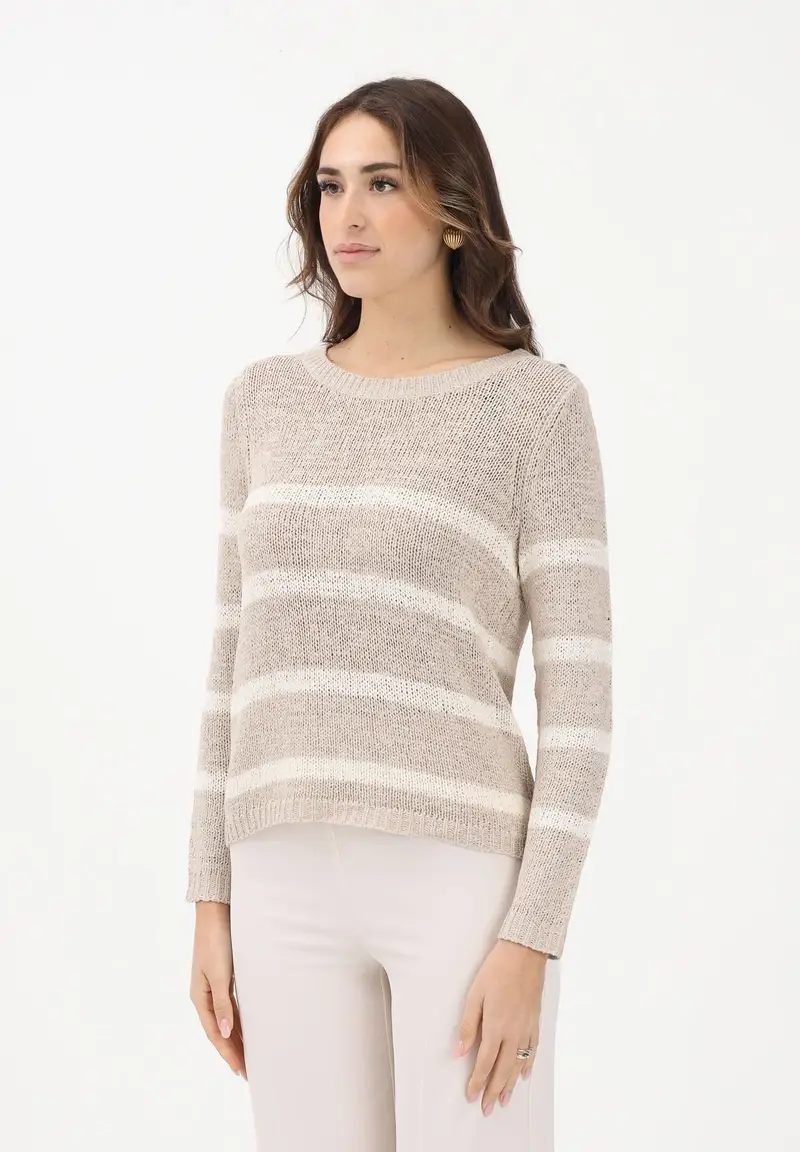 Maglioncino girocollo beige da donna con motivo a righe panna