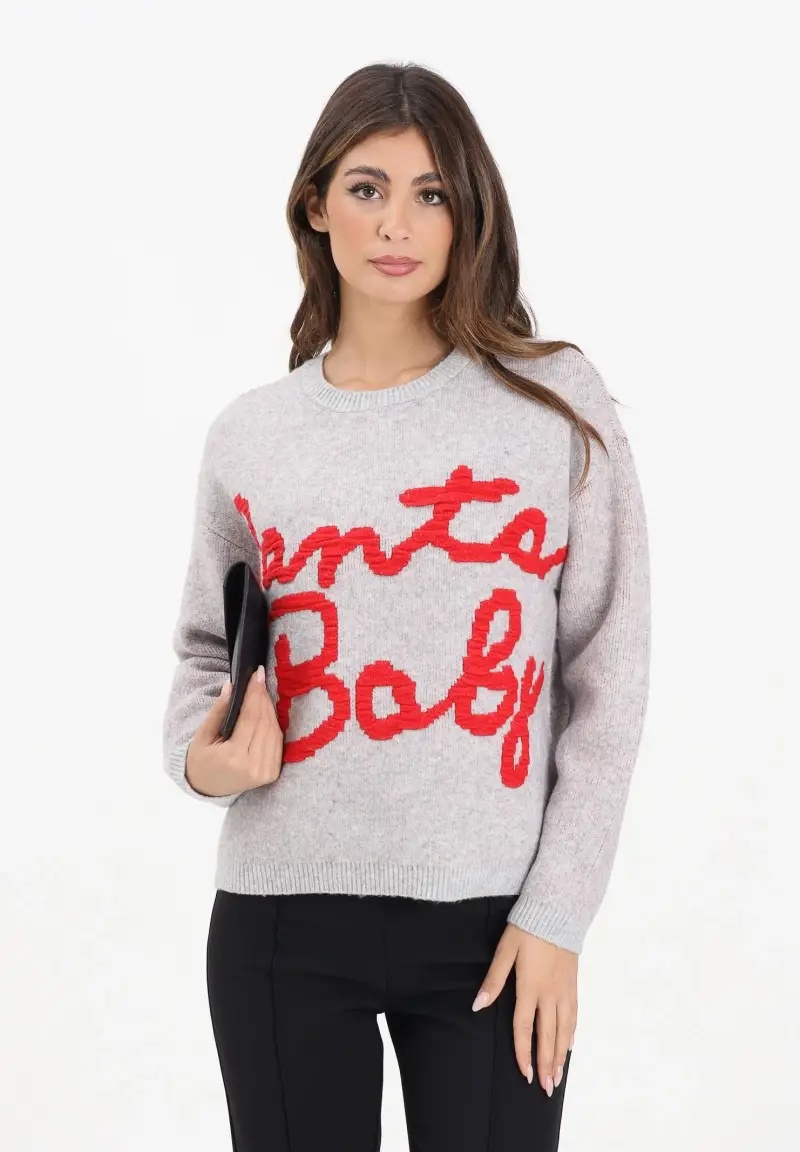 Maglioncino girocollo grigio da donna con ricamo Santa Baby miniatura 2