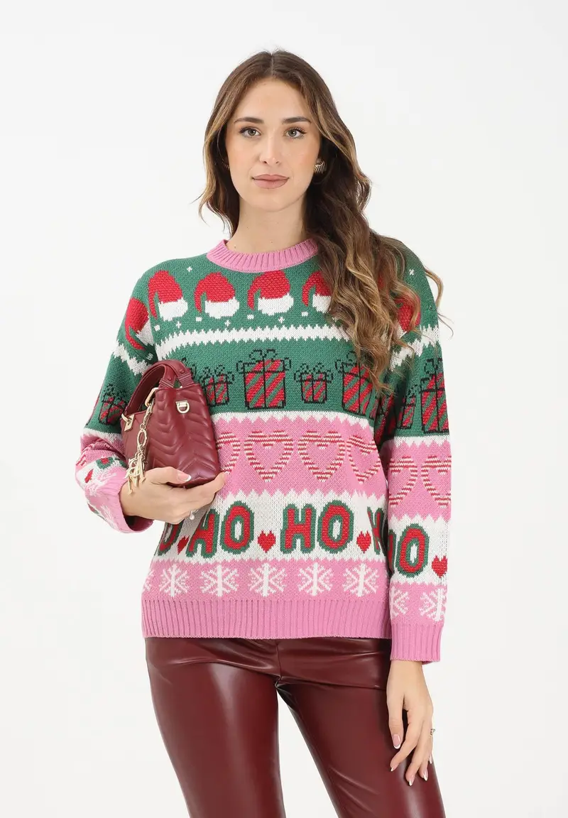 Maglione girocollo rosa da donna con stampe natalizie miniatura 2