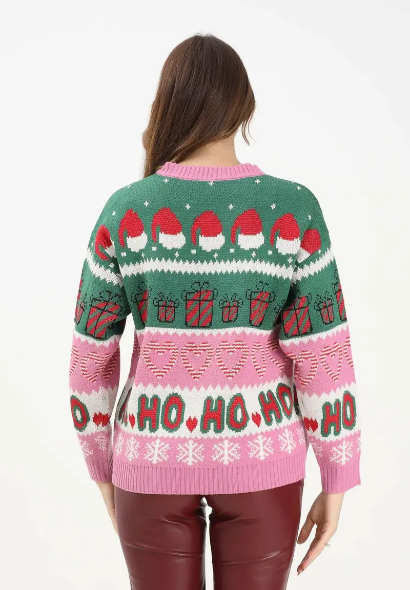 Maglione girocollo rosa da donna con stampe natalizie miniatura 3