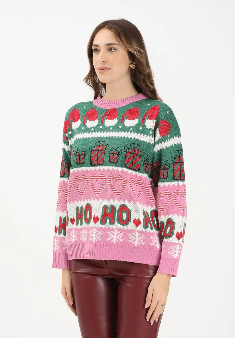 Maglione girocollo rosa da donna con stampe natalizie