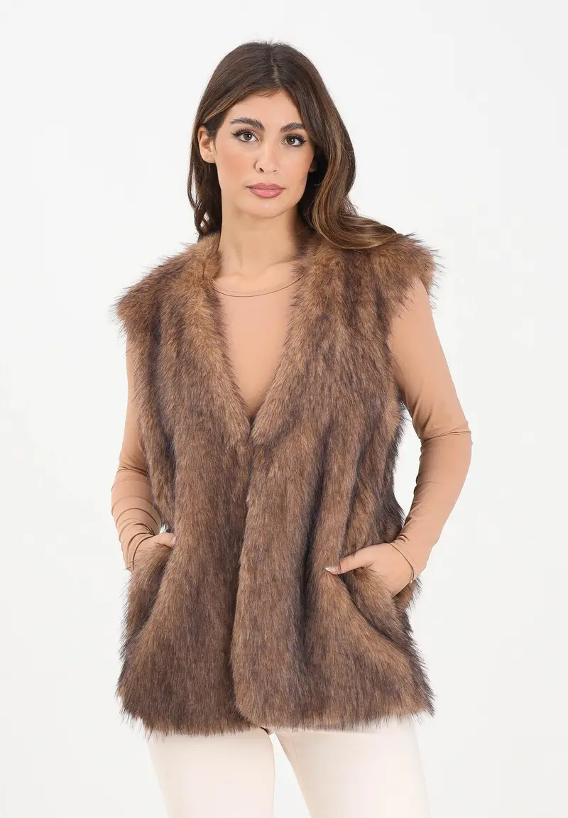 Pelliccia smanicata marrone da donna miniatura 2