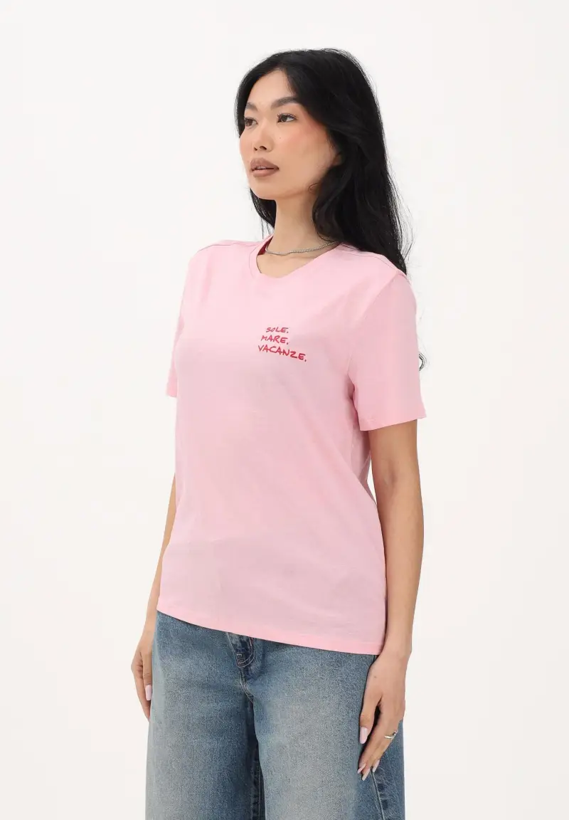 T-shirt a manica corta rosa da donna con ricamo