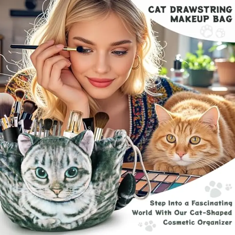 Openhahaha Trousse cosmetica con coulisse, regalo per gli amanti dei gatti, borsa cosmetica piatta per donne e ragazze, borsa cosmetica da viaggio, Grigio-001, Trousse per cosmetici miniatura 2