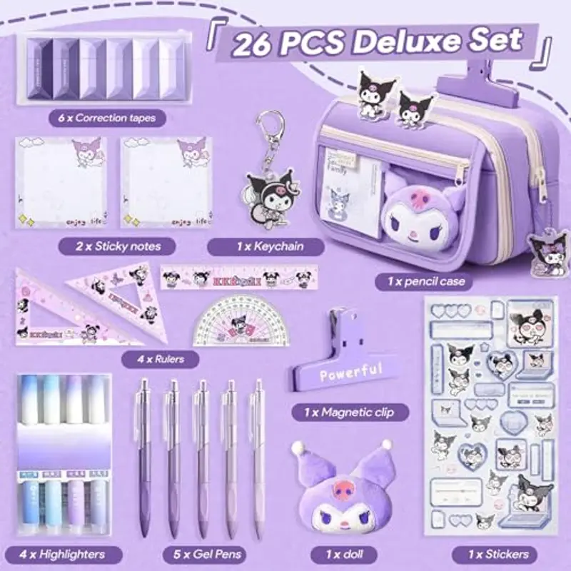 OPPZZIT Set Penne Gel Kawaii, 26 Pezzi Articoli di Cancelleria Aesthetic con 1 Astuccio Viola, 5 Penne Gel, 4 Evidenziatore, 6 Nastri Correttori, Forniture Scolastiche & Regalini Compleanno Bambini miniatura 2
