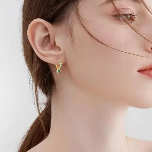 Orecchini Cerchio Oro Per Le Donne Orecchini Verdi Con Verde Cuore Goccia Oro Placcato Orecchini Dorati Ipoallergenico miniatura 3