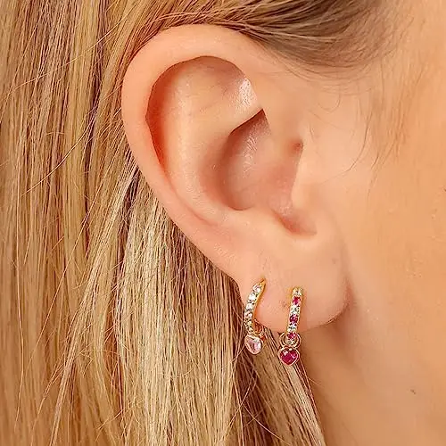 Orecchini Cerchio Piccoli Per Le Donne Hot Pink Orecchini Con Caldo Rosa Heart Drop Orecchini Dorati Ipoallergenico miniatura 3