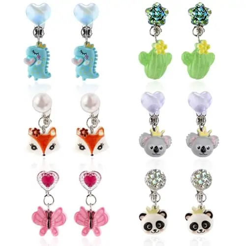 Orecchini Clip Bambina, 6 Paia Orecchini Pendenti a Clip Colorati, Con Animali, Cactus e Piccoli Mostri Resina Senza