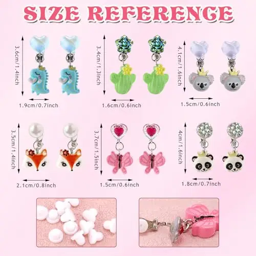 Orecchini Clip Bambina, 6 Paia Orecchini Pendenti a Clip Colorati, Con Animali, Cactus e Piccoli Mostri Resina Senza miniatura 2