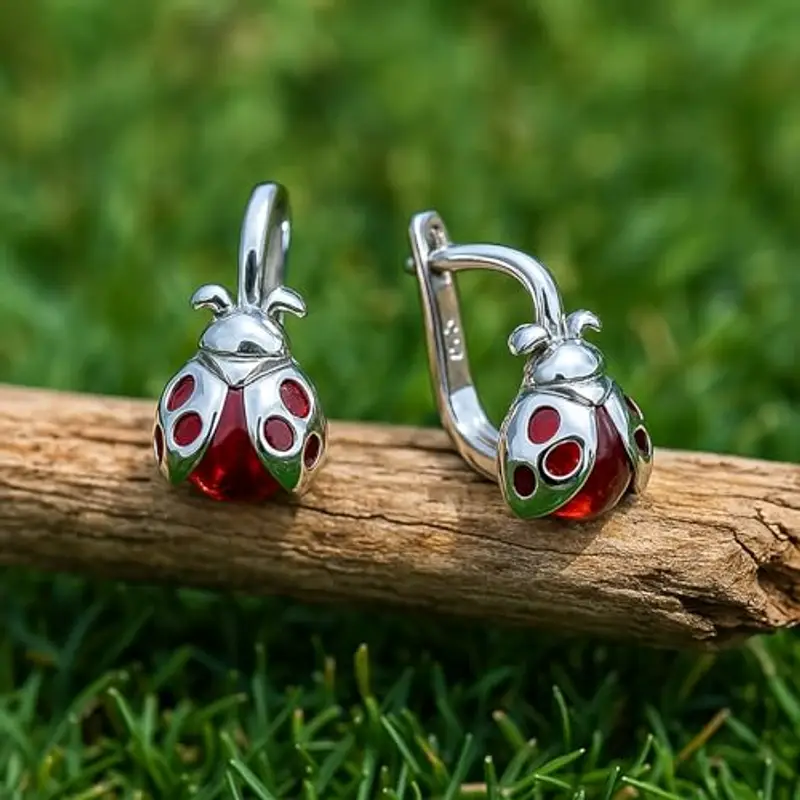 Orecchini Per Bambine In Argento Sterling Con Design Di Coccinella E Smalto Rosso miniatura 3