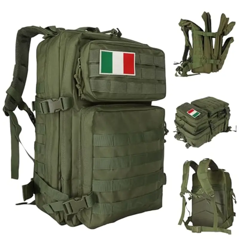 Oreunik Zaino Militare 45L, Zaino Tattico Impermeabile, Zaini Molle Grande Zaino d'Assalto per Trekking, Campeggio, Escursionismo (Verde)