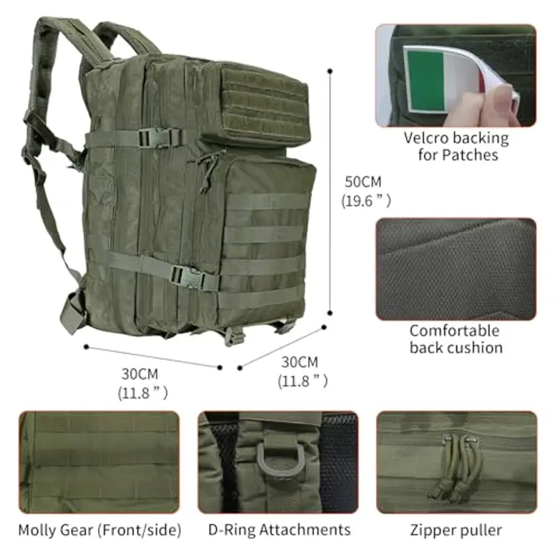 Oreunik Zaino Militare 45L, Zaino Tattico Impermeabile, Zaini Molle Grande Zaino d'Assalto per Trekking, Campeggio, Escursionismo (Verde) miniatura 2
