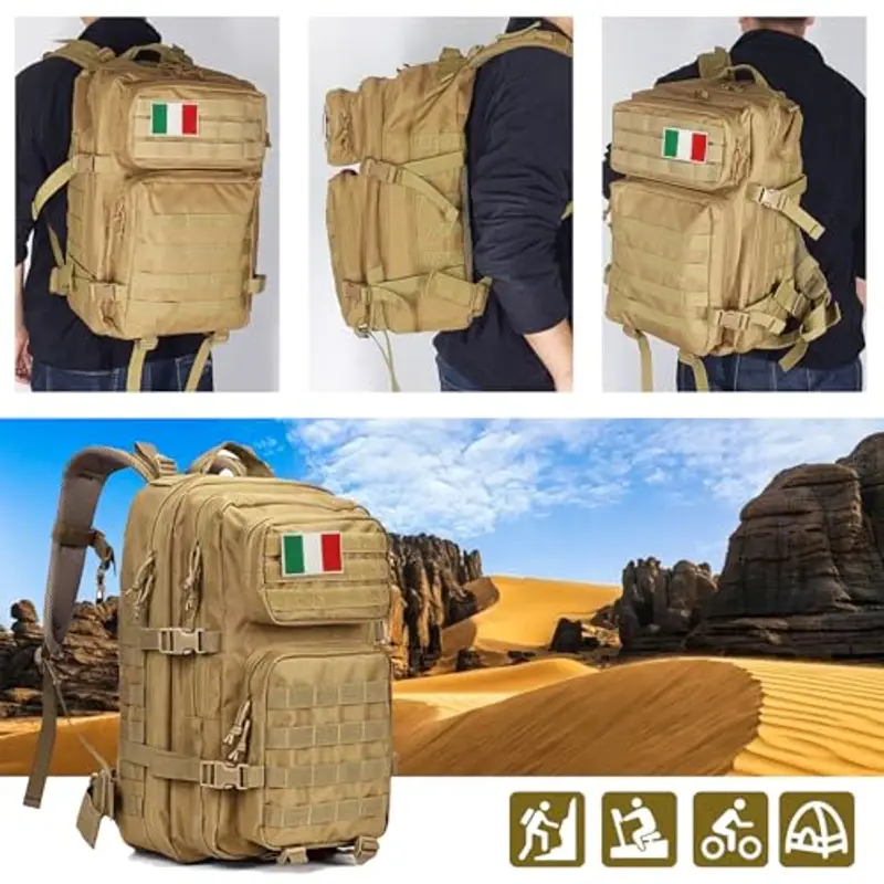 Oreunik Zaino Militare Tattico 45L, Impermeabile Zaino Grande Viaggio Molle Zainos di Assalto Zainos Scuola Uomo Donna per All'aperto Trekking, Pesca, Palestra, Campeggio, Montagna (Cachi) miniatura 2