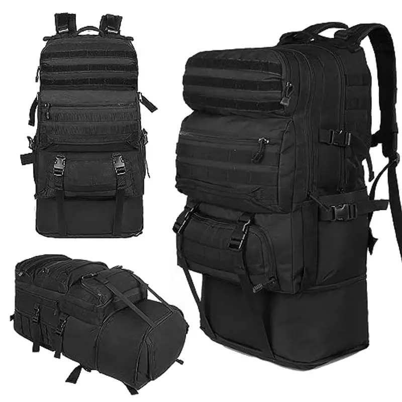 Oreunik Zaino Militare Tattico 60-75L, Impermeabile Grande per Viaggio Molle di Assalto Scuola Uomo Donna, All'aperto Trekking, Pesca, Palestra, Campeggio, Montagna, Nero