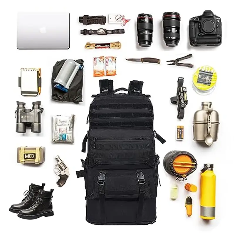 Oreunik Zaino Militare Tattico 60-75L, Impermeabile Grande per Viaggio Molle di Assalto Scuola Uomo Donna, All'aperto Trekking, Pesca, Palestra, Campeggio, Montagna, Nero miniatura 2