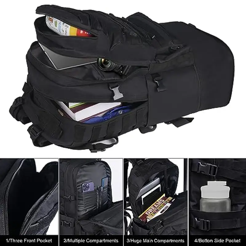 Oreunik Zaino Militare Tattico 60-75L, Impermeabile Grande per Viaggio Molle di Assalto Scuola Uomo Donna, All'aperto Trekking, Pesca, Palestra, Campeggio, Montagna, Nero miniatura 3