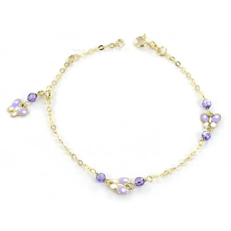 bracciale da bambina in oro 9 kt con farfalle e quarzi lilla