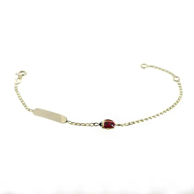 bracciale da bambino con targhetta in oro giallo e smalti coccinella