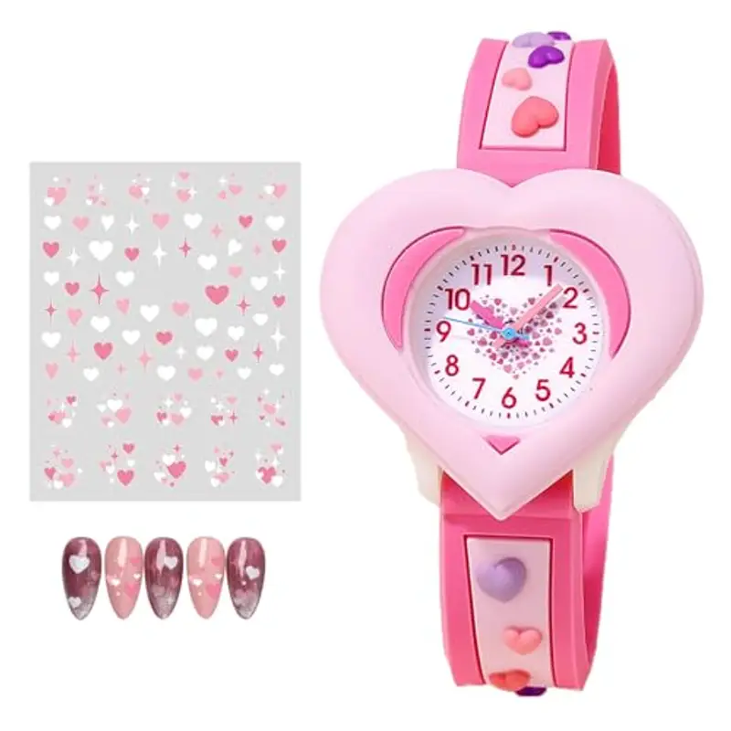 Orologi Bambina Orologio Ragazza con 3D Cartone Animato Cinturino in Silicone Movimento al Quarzo Kids Orologio Bambini Con Adesivi Unghie Nail Cuore Regali di Compleanno per Ragazze da 3-10 Anni