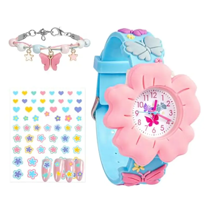 Orologi Bambina Orologio Ragazza con 3D Rosa Blu Fiori Cartone Animato Cinturino in Silicone Movimento al Quarzo Kids Orologio Bambini Con Adesivi per Unghie, Braccialetto per Ragazze da 3-10 Anni