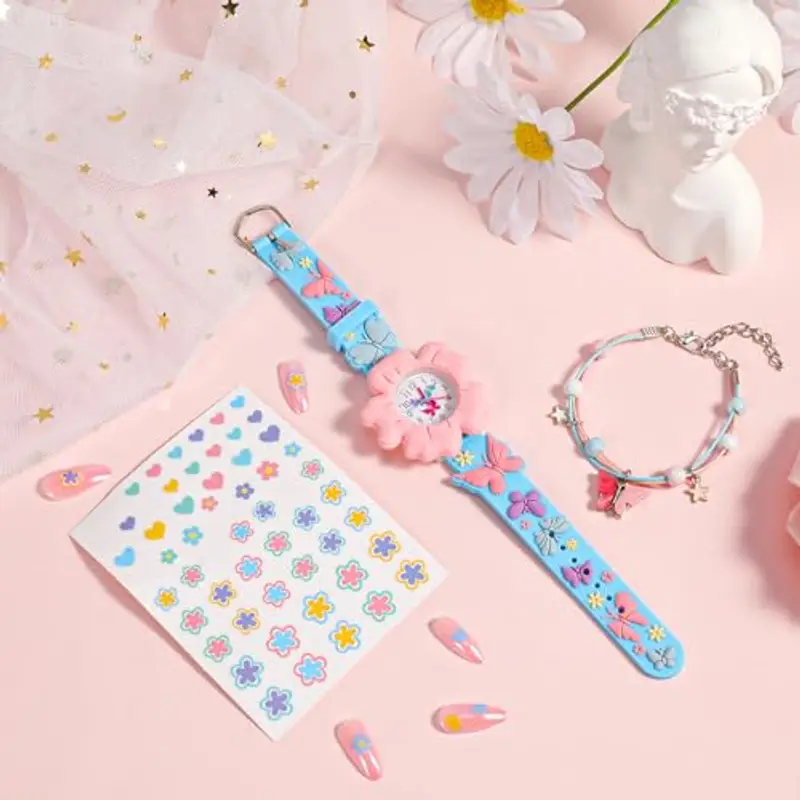 Orologi Bambina Orologio Ragazza con 3D Rosa Blu Fiori Cartone Animato Cinturino in Silicone Movimento al Quarzo Kids Orologio Bambini Con Adesivi per Unghie, Braccialetto per Ragazze da 3-10 Anni miniatura 2