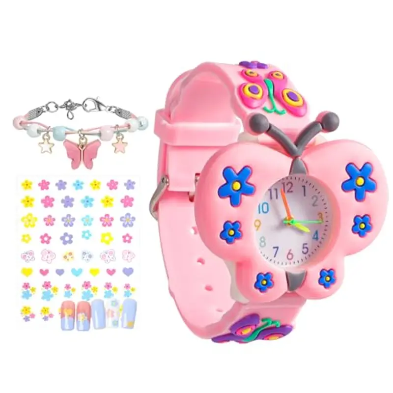 Orologi Bambina Orologio Ragazza con 3D Rosa Farfalla Cartone Animato Cinturino in Silicone Movimento al Quarzo Kids Orologio Bambini Con Adesivi per Unghie, Braccialetto per Ragazze da 3-10 Anni