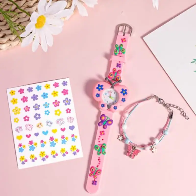 Orologi Bambina Orologio Ragazza con 3D Rosa Farfalla Cartone Animato Cinturino in Silicone Movimento al Quarzo Kids Orologio Bambini Con Adesivi per Unghie, Braccialetto per Ragazze da 3-10 Anni miniatura 2