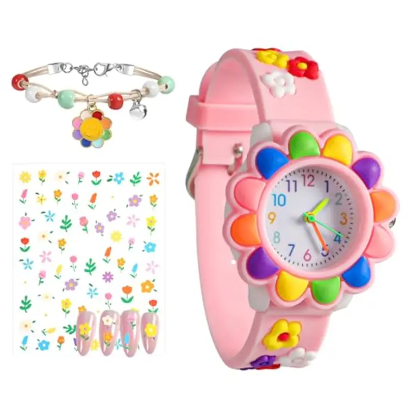Orologi Bambina Orologio Ragazza con 3D Rosa Girasoli Cartone Animato Cinturino in Silicone Movimento al Quarzo Kids Orologio Bambini Con Adesivi per Unghie, Braccialetto per Ragazze da 3-10 Anni