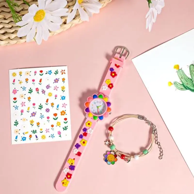 Orologi Bambina Orologio Ragazza con 3D Rosa Girasoli Cartone Animato Cinturino in Silicone Movimento al Quarzo Kids Orologio Bambini Con Adesivi per Unghie, Braccialetto per Ragazze da 3-10 Anni miniatura 2