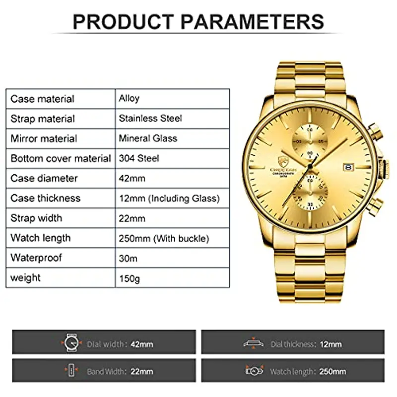 Orologi da uomo in acciaio inox e metallo, stile casual, impermeabile, cronografo al quarzo, data automatica, lancette miniatura 2
