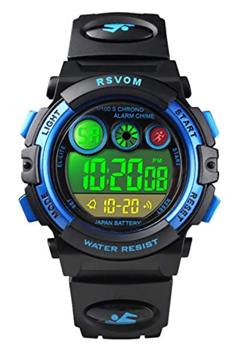 Orologio da polso, impermeabile da 5 ATM con 12/24H/sveglia/EL, elettronico, blu, per bambini e ragazzi da 5 anni, Compleanno/regali di Natale