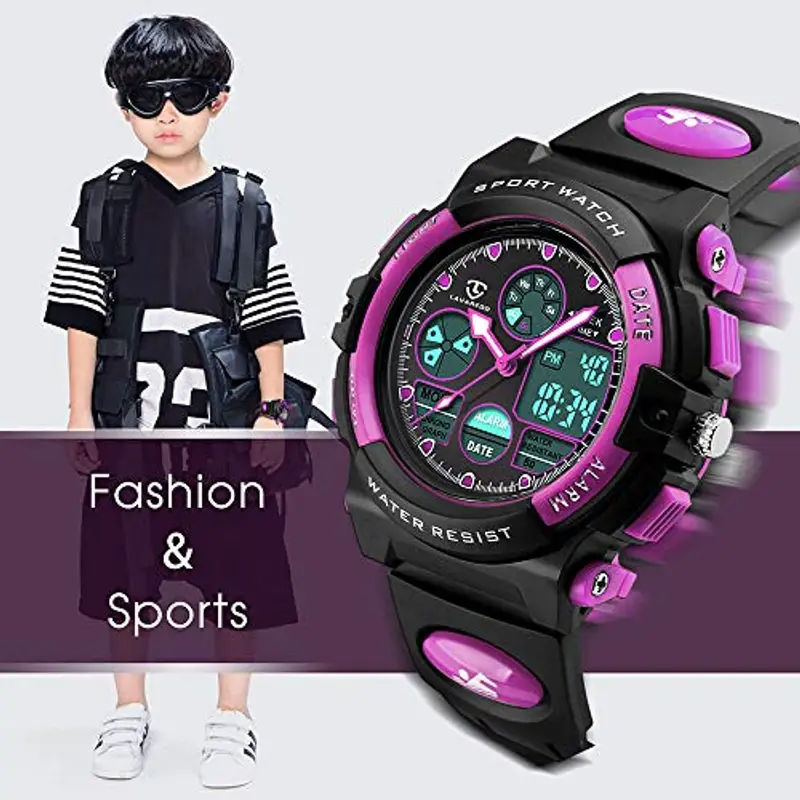 Orologio digitale da polso per bambini e ragazzi, multifunzione, impermeabile, con luce LED, sveglia, data, per sport, attività all'aperto, colore: blu, 12 viola., Cinturino miniatura 2