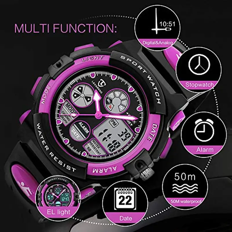Orologio digitale da polso per bambini e ragazzi, multifunzione, impermeabile, con luce LED, sveglia, data, per sport, attività all'aperto, colore: blu, 12 viola., Cinturino miniatura 3