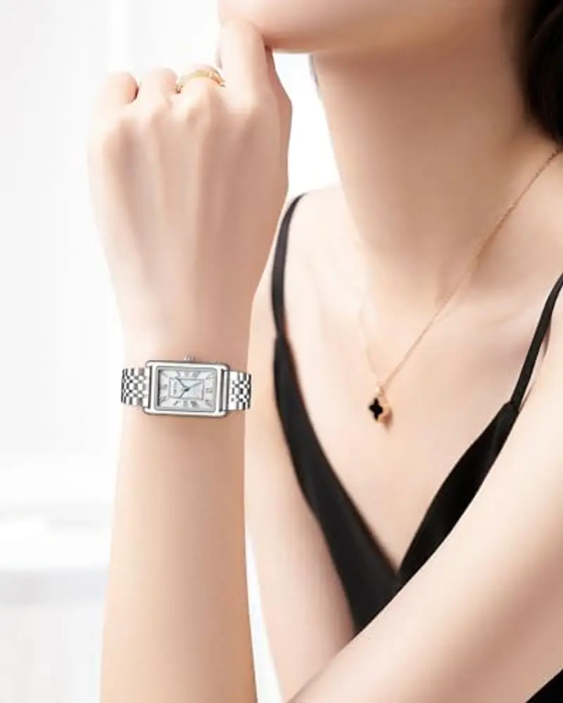 Orologio Donna Acciaio Argento Rettangolare - Classico Orologio da Polso Donna Elegante Analogico Quarzo Orologio da Donna Numeri Romani Retrò Design, Regalo Donna miniatura 2
