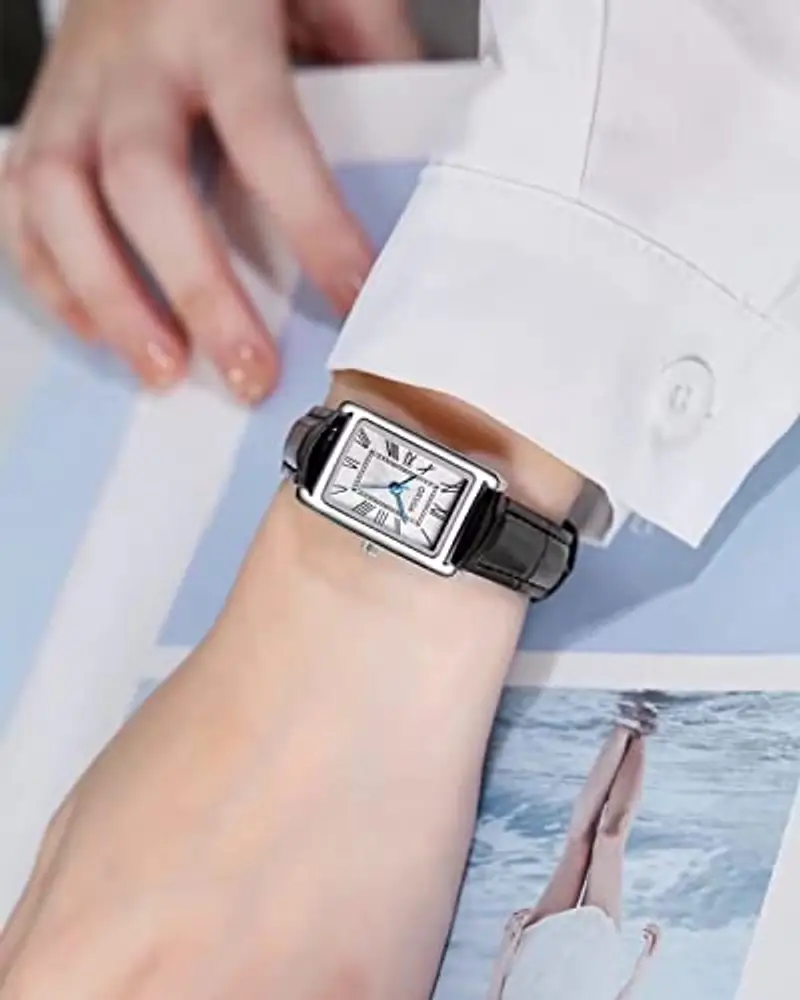 Orologio Donna Cinturino Pelle Classico Rettangolare Orologio da Polso Donna Elegante Analogico Quarzo Impermeabile Orologio da Donna Retrò Moda Design, Regalo per Donna - Nero miniatura 2