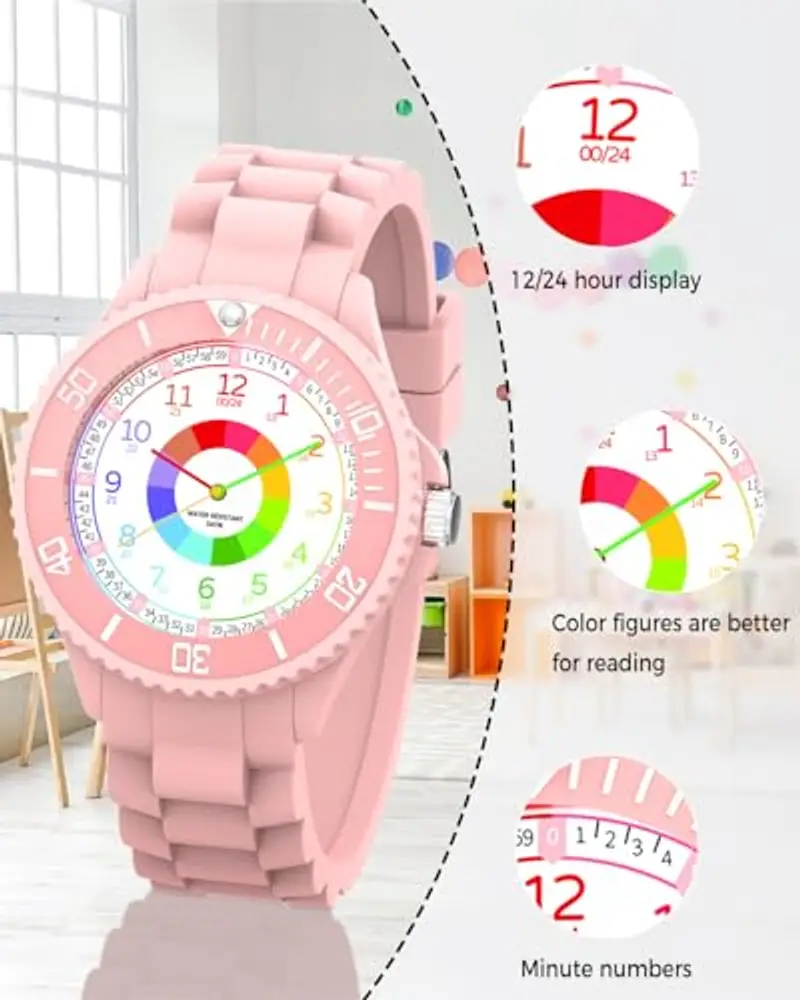 Orologio per bambini per ragazzi e ragazze, orologio da polso educativo per bambini, orologio analogico con lunetta miniatura 3