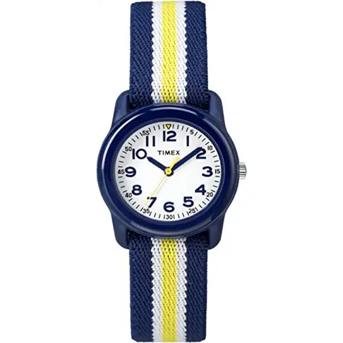 Orologio per bambini TIMEX TIME MACHINES 29mm in tessuto elastico a righe blu/gialle TW7C05800