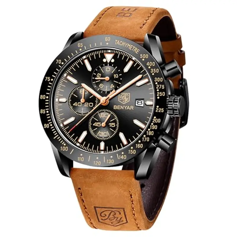Orologio Uomo BY BENYAR Movimento al Quarzo Moda Sportivo Cronografo 30M Impermeabile Orologio da Polso Elegante con Cinturino in Pelle Regalo per Uomo