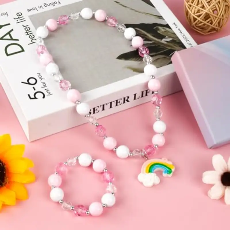 OSDUE Arcobaleno Bracciale Collana Set, Collana della Principessa dei Bambini Set Gioielli, Vesti e Giochi di Ruolo Regalo Ragazza, Principessa Dress Up Articoli per Feste Set di Accessori Vestire miniatura 3