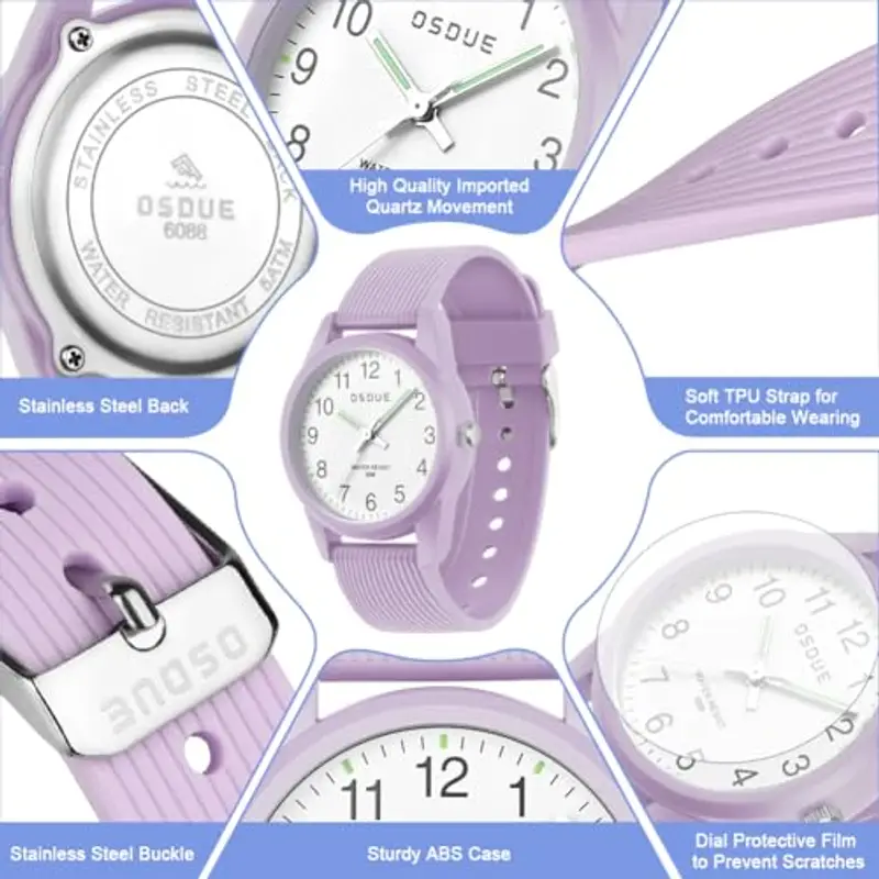 OSDUE Orologio Bambino, Impermeabile Orologio per Bambini Tempo Orologio da Polso Orologio Luminosi Educativo per Bambini Quarzo Orologio Lancette Delle Ore e Dei Minuti Per Ragazze Ragazzi 5-18 Viola miniatura 3
