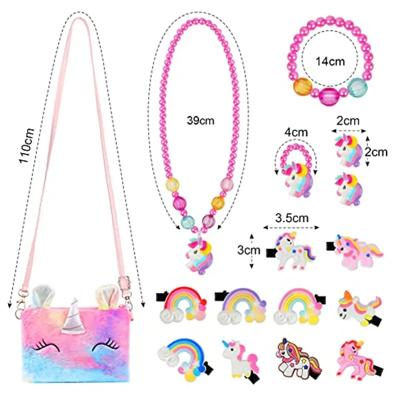 OSDUE Set di 16 Gioielli per Unicorno Borsetta Bambina, Unicorno Peluche Borsetta Bambina, Set Gioielli Unicorno Accessori per Capelli Mollette per Capelli Ragazze Arcobaleno Collana Bracciale Anello miniatura 2