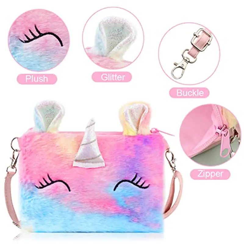 OSDUE Set di 16 Gioielli per Unicorno Borsetta Bambina, Unicorno Peluche Borsetta Bambina, Set Gioielli Unicorno Accessori per Capelli Mollette per Capelli Ragazze Arcobaleno Collana Bracciale Anello miniatura 3