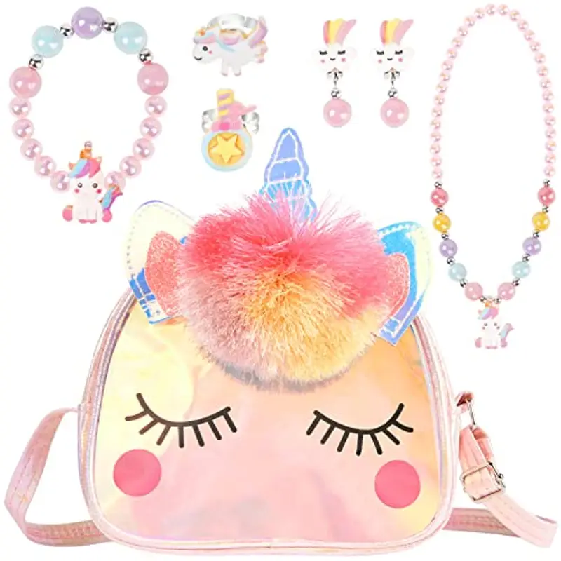 OSDUE Set di 7 Gioielli per Unicorno Borsetta Bambina, Peluche, Accessori per Capelli, Mollette, Collana, Bracciale, Anello, Unicorno Bambina Regalo Ragazze Arcobaleno per 3-8 Anni Rosa