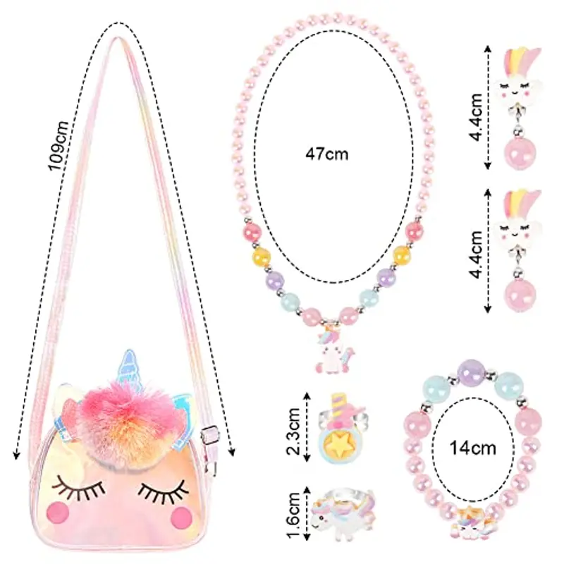 OSDUE Set di 7 Gioielli per Unicorno Borsetta Bambina, Peluche, Accessori per Capelli, Mollette, Collana, Bracciale, Anello, Unicorno Bambina Regalo Ragazze Arcobaleno per 3-8 Anni Rosa miniatura 2