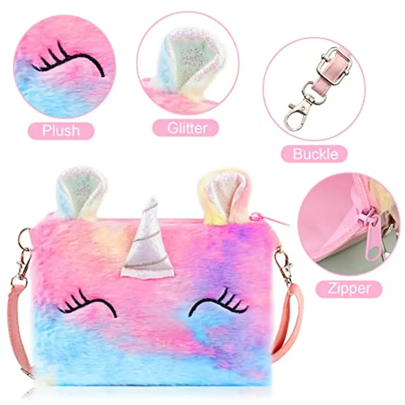 OSDUE Unicorno Borsetta Bambina Set Gioielli, Unicorno Regalo Peluche Borsetta Bambina Set Gioielli Unicorno Accessori per Capelli Mollette per Capelli Ragazze Arcobaleno Collana Bracciale Anello miniatura 3