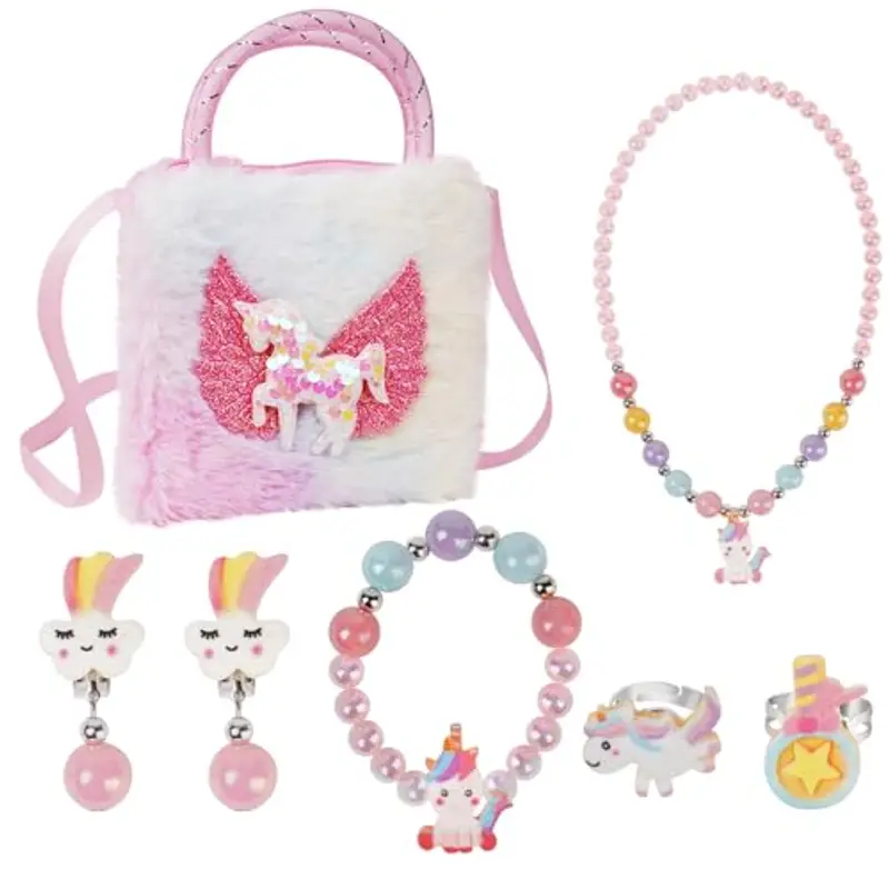 OSDUE Unicorno Borsetta Bambina Set Gioielli, Unicorno Regalo Peluche Borsetta Bambina Set Gioielli Unicorno Accessori per Capelli Mollette per Capelli Ragazze Arcobaleno Collana Bracciale Anello