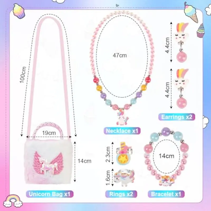 OSDUE Unicorno Borsetta Bambina Set Gioielli, Unicorno Regalo Peluche Borsetta Bambina Set Gioielli Unicorno Accessori per Capelli Mollette per Capelli Ragazze Arcobaleno Collana Bracciale Anello miniatura 2