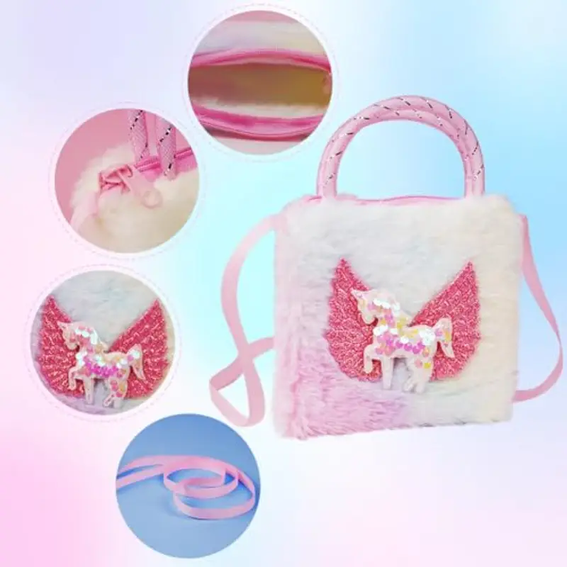 OSDUE Unicorno Borsetta Bambina Set Gioielli, Unicorno Regalo Peluche Borsetta Bambina Set Gioielli Unicorno Accessori per Capelli Mollette per Capelli Ragazze Arcobaleno Collana Bracciale Anello miniatura 3