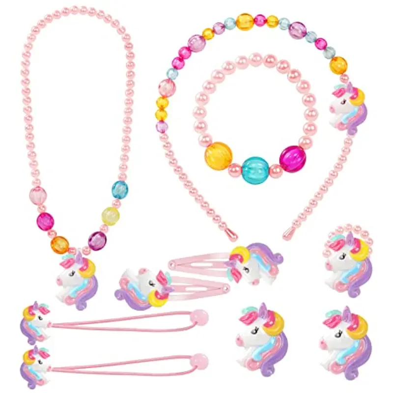 OSDUE Unicorno Dress Up Set, 10 Pezzi Gioielli a Unicorno, Gioielli Per Bambini Unicorno, Collana della Unicorno dei bambini, Set di Collana Braccialetto Orecchini Anelli per Bambine Regalo Compleanno